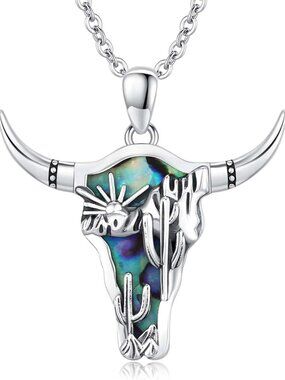 Women's Silver B Sterling Turquoise Pendant Highland Cow Skull Western Necklace